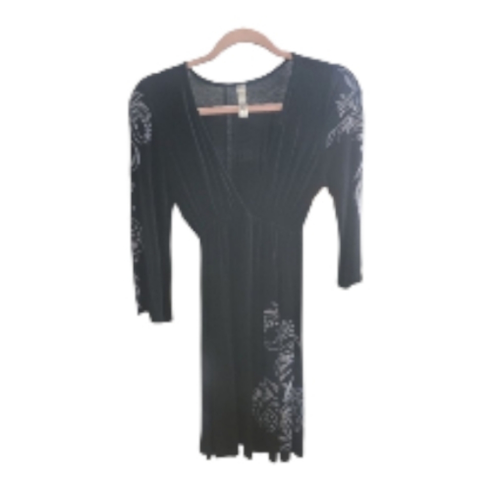 Black V- Neck  Dress with White Floral Patterns